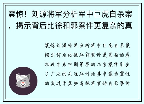 震惊！刘源将军分析军中巨虎自杀案，揭示背后比徐和郭案件更复杂的真相
